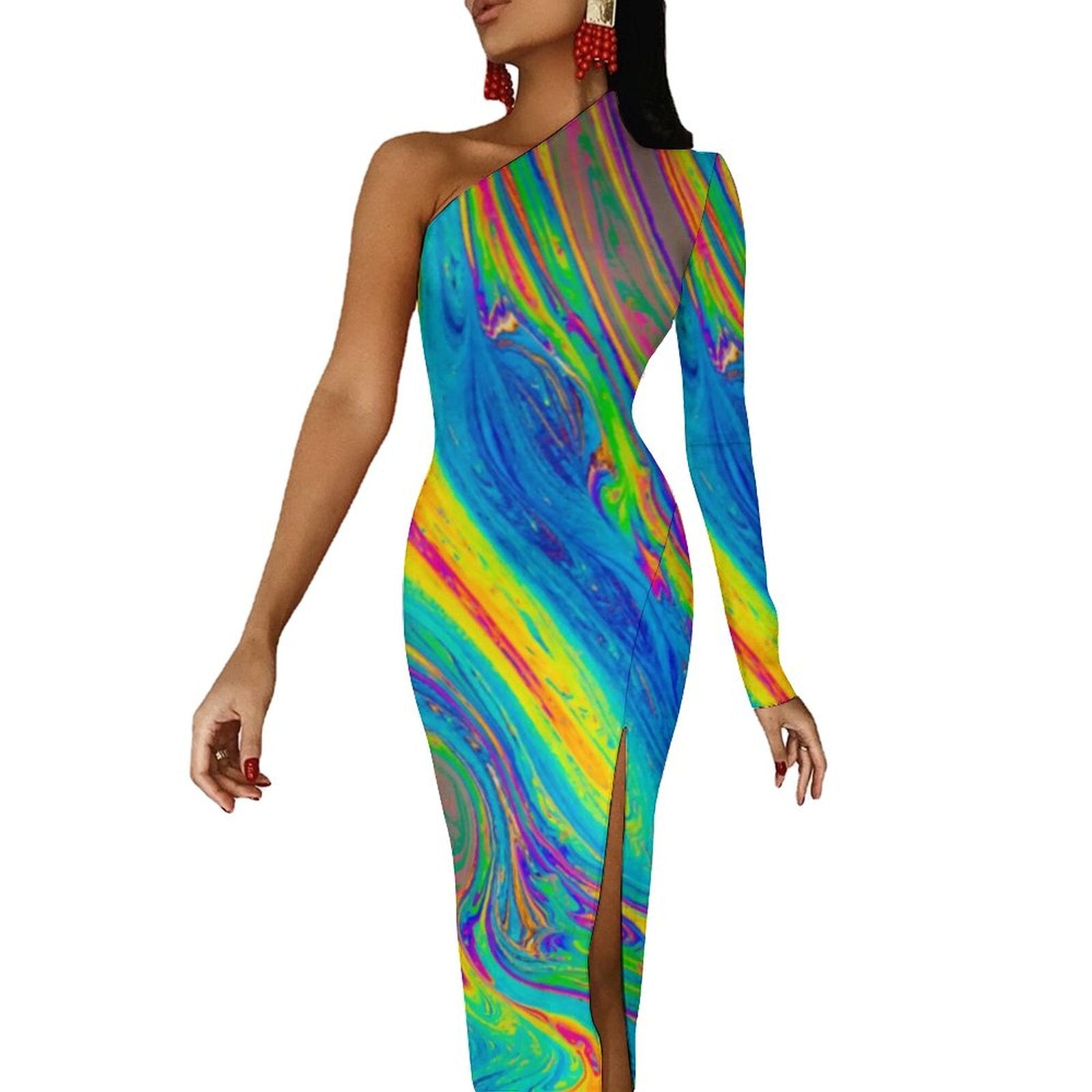 Rainbow Neon Paint High Slit Bodycon Dress Female Abstract Splash Kawaii Maxi Dress Autumn One Shoulder Streetwear Print Dresses