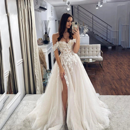 Luxurious Boho Off Shoulder Mopping Wedding Dresses Sweetheart Lace Beautiful Bridal Gowns Side Split Corset Sleeveless New 2023 LUXLIFE BRANDS