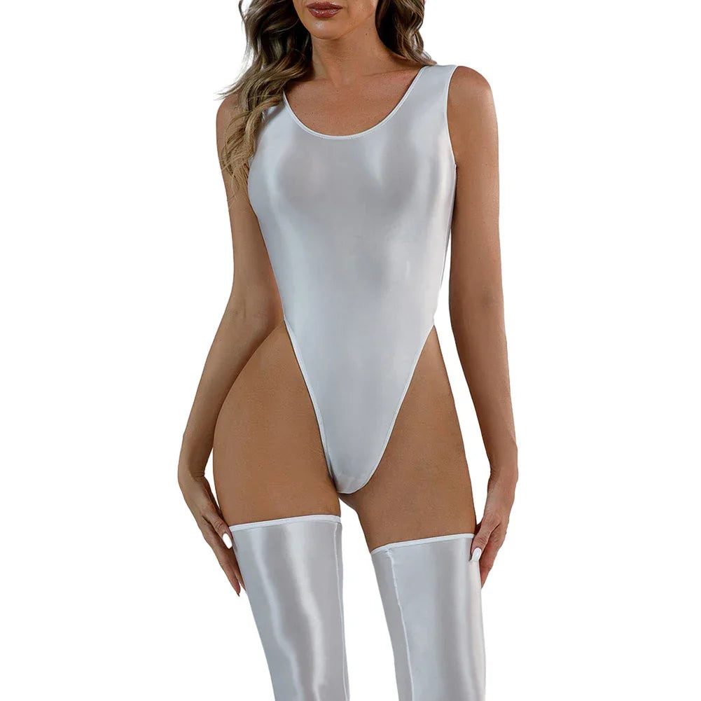 Women Sexy Oil Shiny Bodysuit Strap Solid Swimsuit High Cut Bikini Thong Leotard Thin Smooth Jumpsuit Summer Breath Nightwear