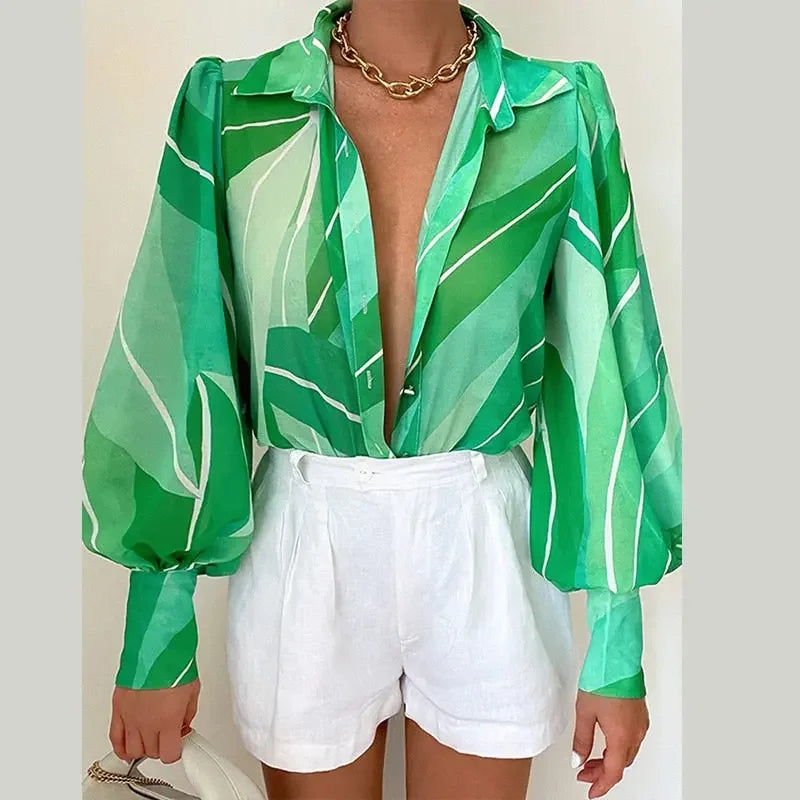 Women&#39;s Floral Print Puff Sleeve Shirt Female Elegant Casual V Neck Shirts 2023 Spring Summer Ladies Tops Blouses Vintage Blouse