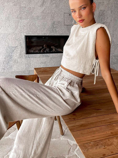 2023 Summer Khaki Linen Pants Sets Women 2 Piece Fashion Sexy Lace-Up Crop Tops Vacation Elastic Waist Loose Long Pants Suits