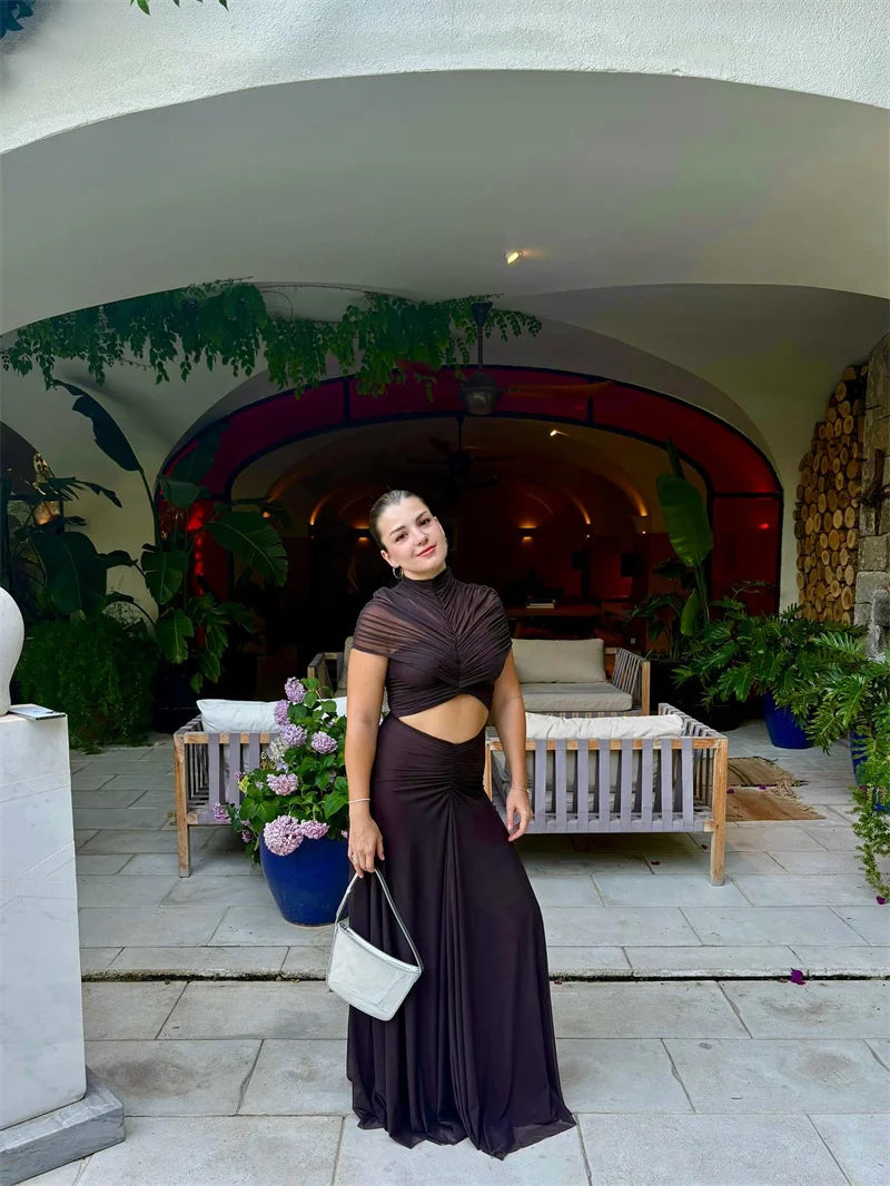 Mozision Hollow Out Short Sleeve Sexy Maxi Dress Women Fashion O Neck Ruched High Waist Bodycon Club Party Long Dress Female Luxlife Brands