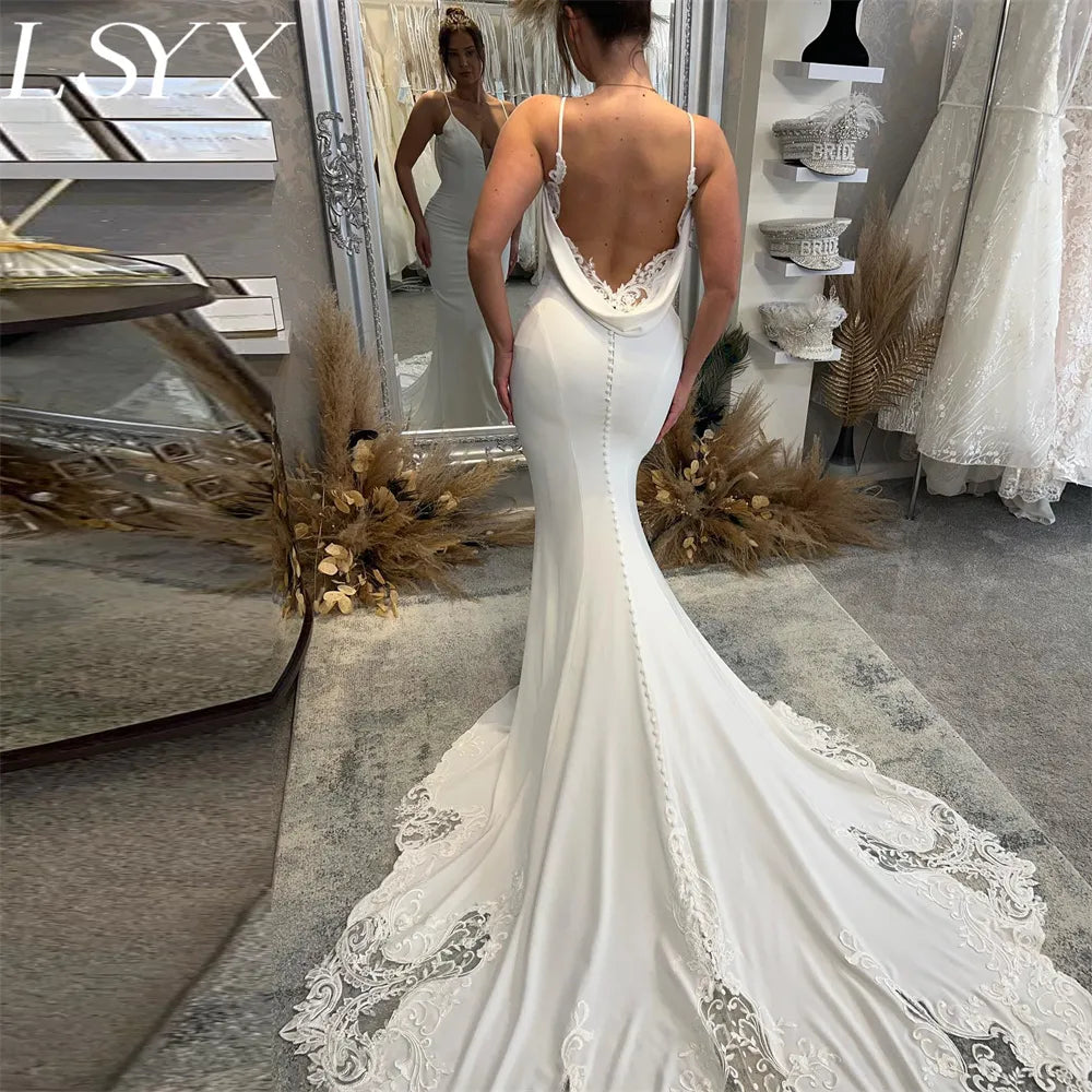 LSYX Deep V-Neck Sleeveless Crepe Mermaid White Wedding Dress 2023 Spaghetti Straps Backless Lace Bridal Gown Custom Made LUXLIFE BRANDS