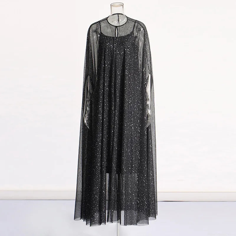 ONEINALLl Patchwork Sequins Solid Dresses For Women Round Neck Cloak Sleeve High Waist Spliced Button Long Dress Female Clothes