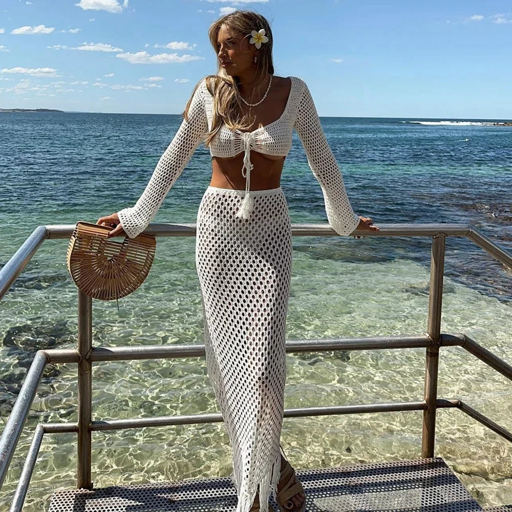 Hirigin Women Crochet Knitted Skirts Set Hollow Out Lace up Swimsuit Cover Ups 2Pcs Knitted Outfits Set Swim Beachwear Luxlife Brands