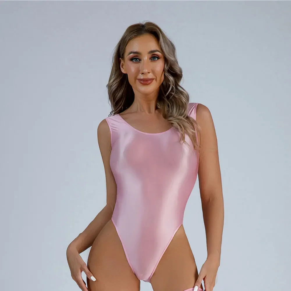 Women Candy Color Oil Glossy Elastic Bodysuit Bodycon Rompers One-piece Swimsuit Silky Tights Satin Backless Shaper Sexy Leotard