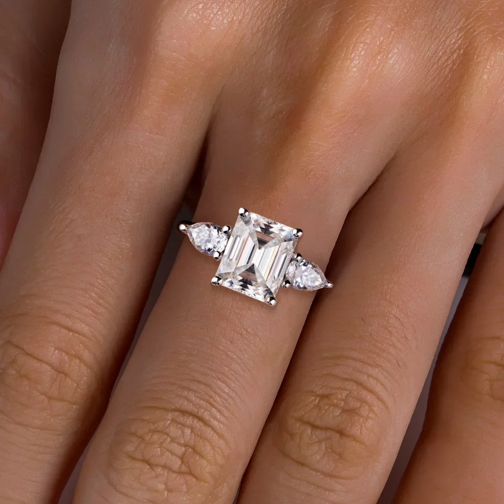 AnuJewel 4ct D Color Emerald Cut Moissanite & 0.5ct Pear Cut Engagement Ring 18K Gold Plated Ideal for Weddings Women's Gifts