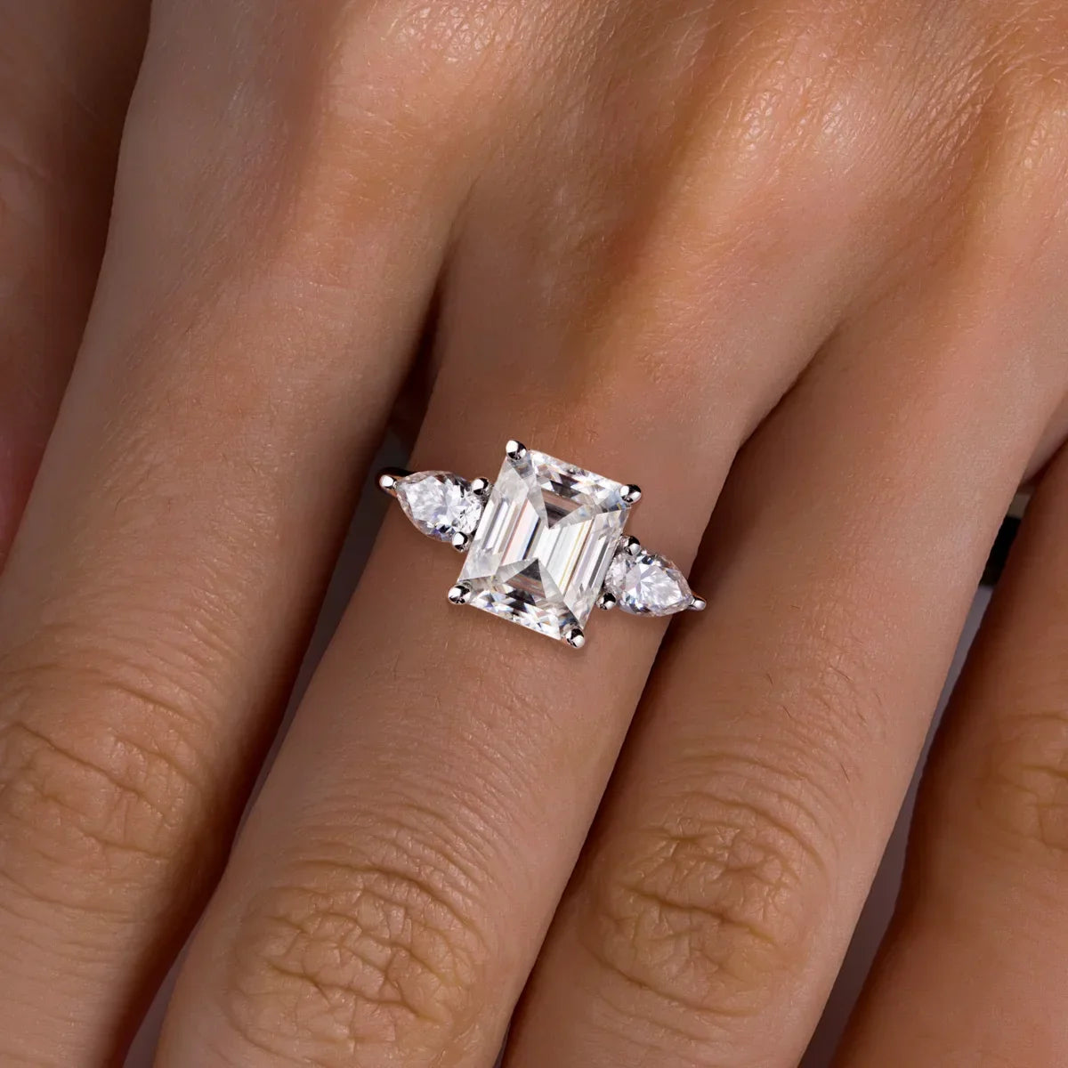 AnuJewel 4ct D Color Emerald Cut Moissanite & 0.5ct Pear Cut Engagement Ring 18K Gold Plated Ideal for Weddings Women's Gifts