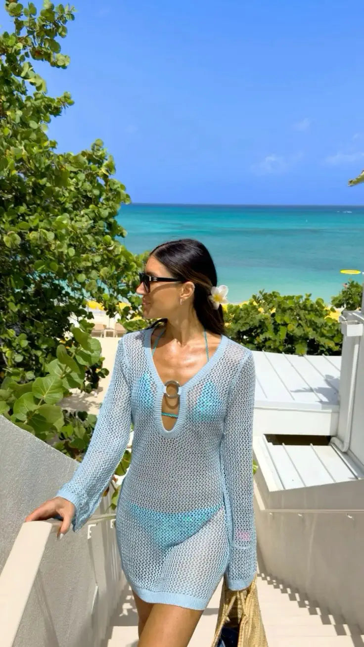 2025 Sexy See-through Solid Knit V-neck Hollow Out Beach Mini Dress Summer Women Holiday Beachwear Swimsuit Cover Up Tunic A2862 Luxlife Brands