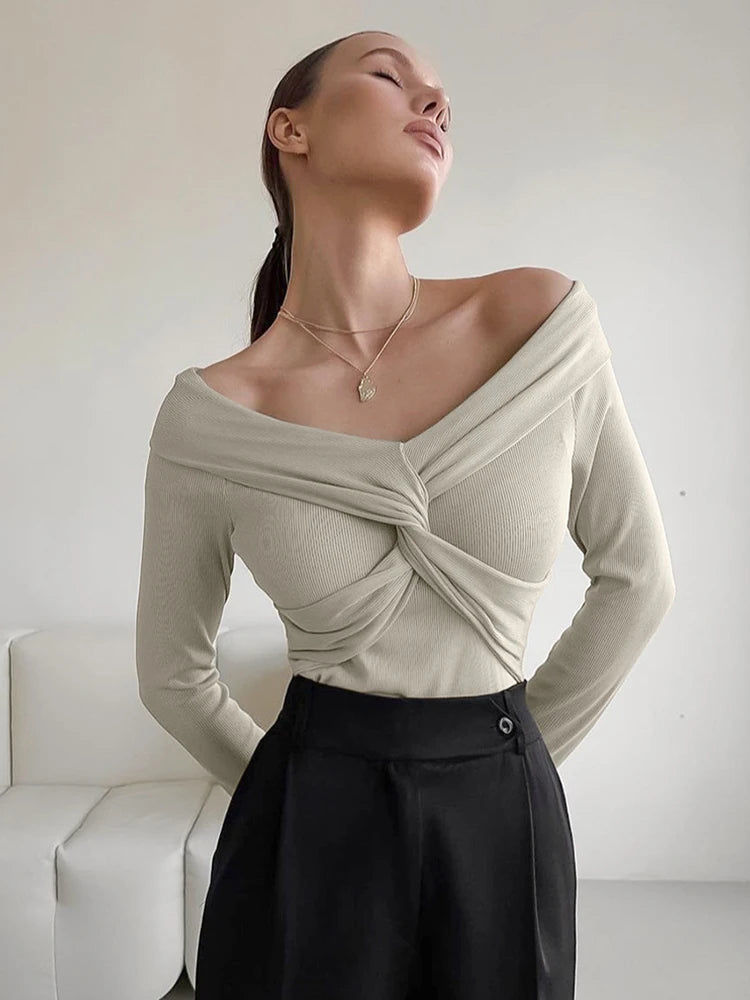 Aynaray 2023 Autumn Winter Women Off Shoulder Office Knitwear Tops Slim Pullover Solid Khaki Long Sleeve T-shirts Female