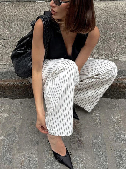 Aynaray Spring Summer 2024 Women Striped Office Trousers High Waist Loose Wide Leg Flare Pants For Women