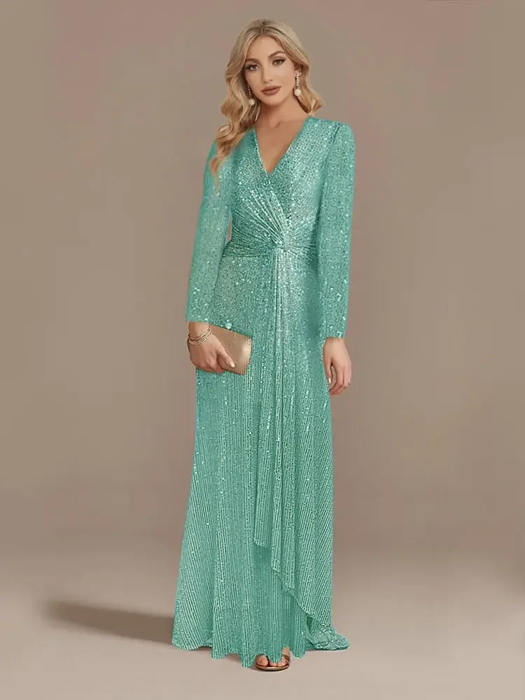 Luxury Long Sleeve V-Neck Formal Evening Dress