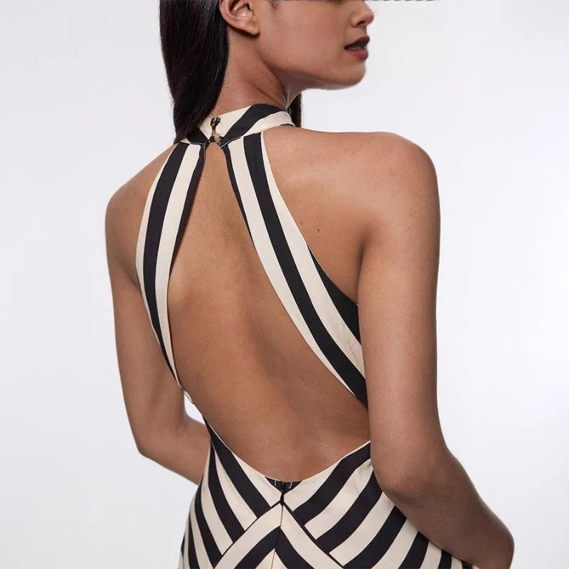 Summer Women Stripe Guest Mermaid Dress Elegant Halter Backless Corset Slim Cocktail Party Evening Celebrity Dress Prom Gown