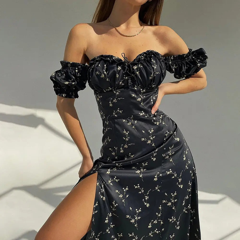Floral Puff Sleeve Long Dress Off Shoulder Drawstring Maxi Dresses for Prom Pleated Vintage Sexy Elegant Split Women Clothing