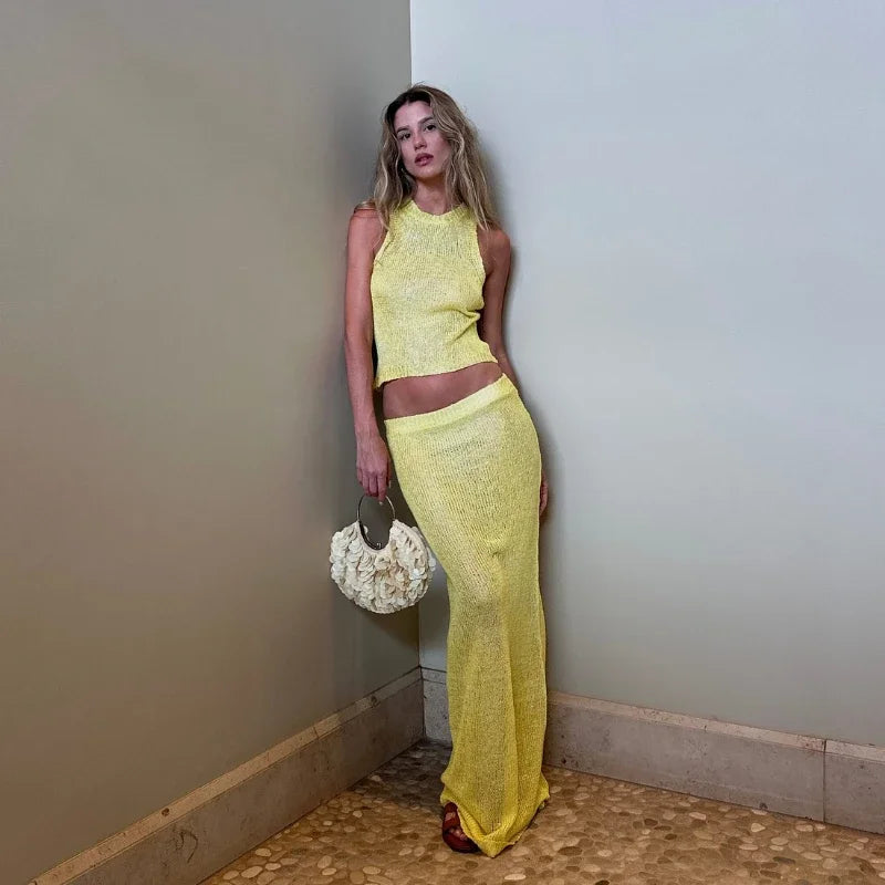 Women Sexy Knit See-through Shiny Top Half Long Skirt Set 2025 Summer Beachwear Swimsuit Cover Up 2 Piece Party Club Outfit K68 Luxlife Brands