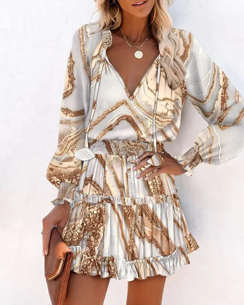 Women's Dresses 2023 Spring Fashion Floral Print Long Sleeve V Neck Casual Lantern Sleeve Ruffle Mini Waist Dress