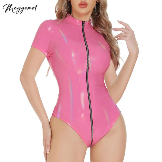 Women Patent Leather Latex Bunny Bodysuit