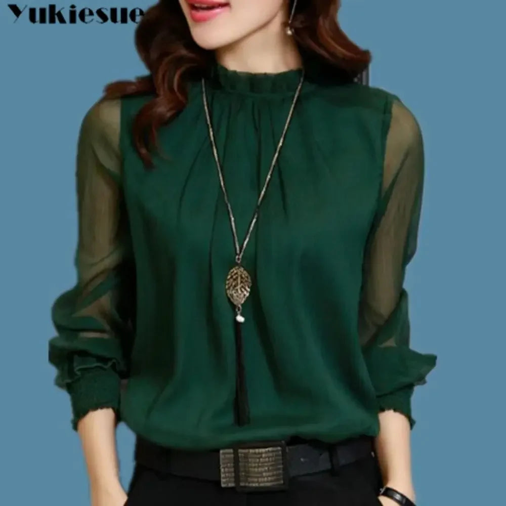 Spring Summer Elegant blouse women Korean Chiffon Shirt Women Long Sleeve Ruffled Women&#39;s shirts and blouses Office Lady Tops