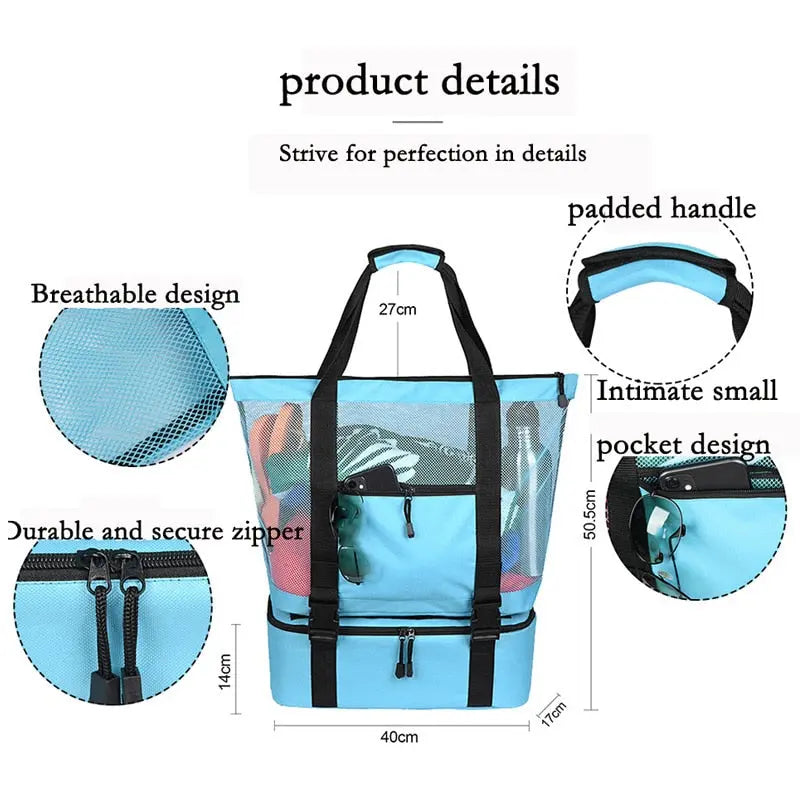 Two-In-One Picnic Thermal Insulation Beach Tote Bag Ultra Durable Detachable Dry Wet Separation Mesh Beach Cooler Large Capacity
