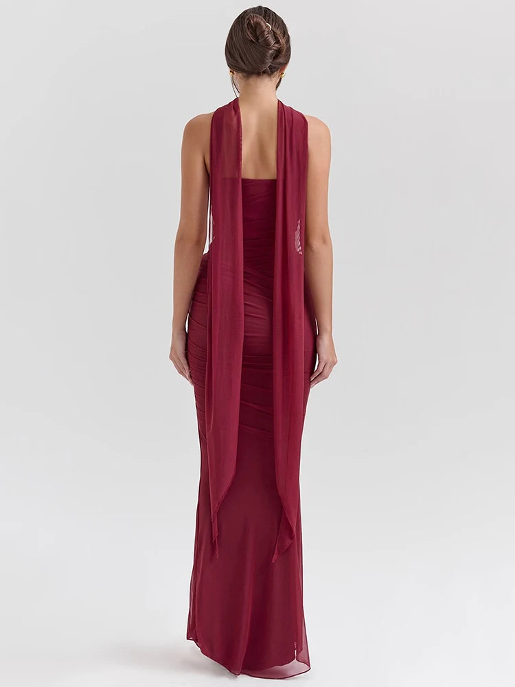 Mozision Wine Red Sexy Two Piece Sets Women Neckerchief Strapless Crop Tops And Maxi Skirt Sets Club Party Skirt Two Piece Sets Luxlife Brands