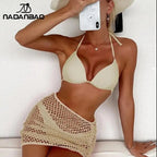 Nadanbao Sexy Mesh Solid Bikini Set Swimsuits for Woman Backless Travel Party Swimwear Female Summer Beach Fashion Bikini Luxlife Brands