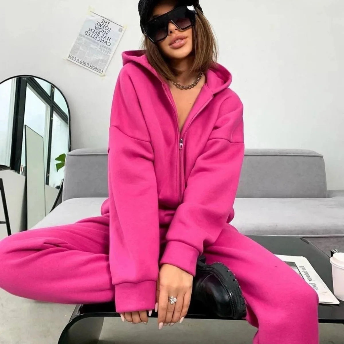 Zipper Hooded Coat Pants Sets Women Tracksuit Two Piece Set Sweatshirts Hooded Jacket Long Pants Thick Casual Autumn Winter