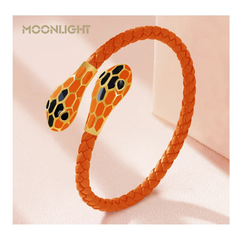 Double Snake Head Cuff Bangles Braided Leather