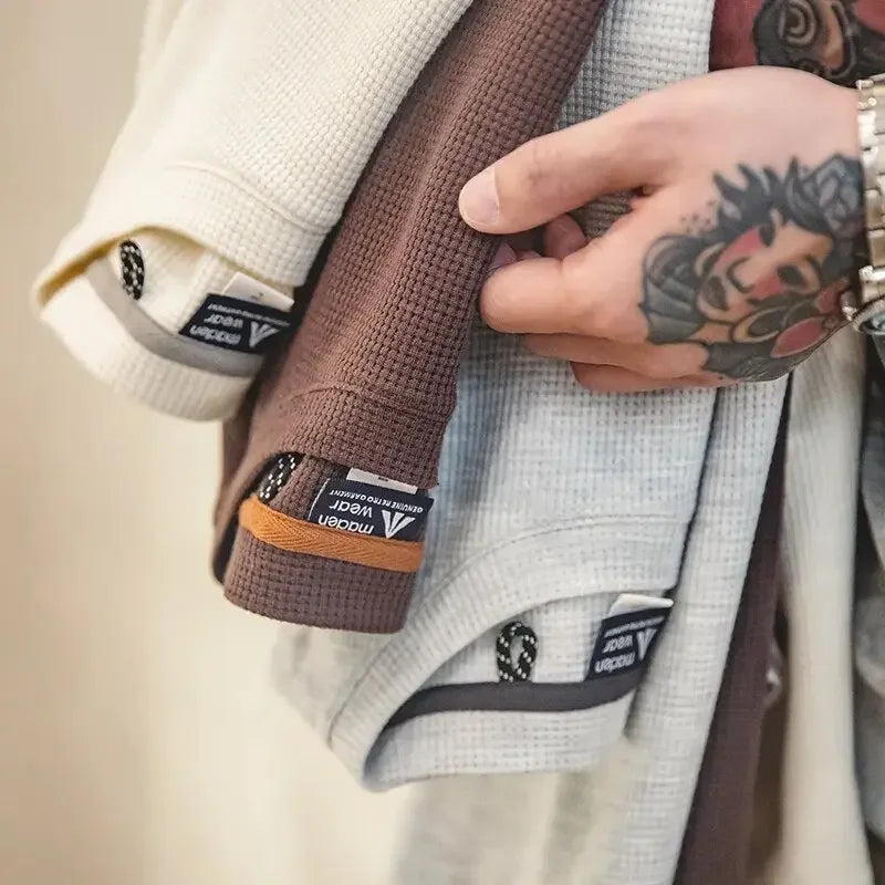 Maden Retro Round Neck Knit Waffle T-shirts for Men Loose Oversize Casual Short Sleeve Tee 2023 Summer Basic Solid Workwear Tops - LUXLIFE BRANDS