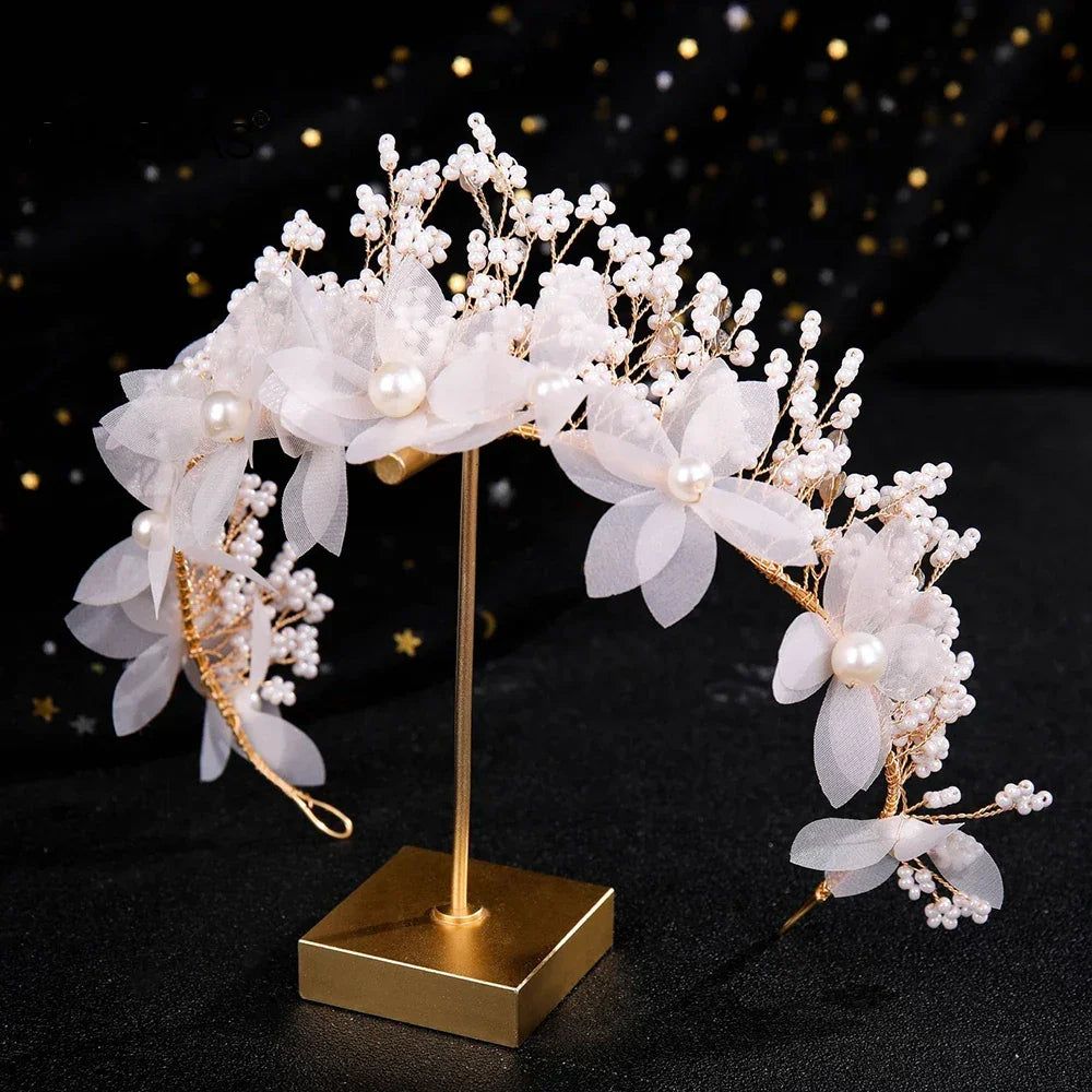 Tiaras Earring Sets Wedding Hair Accessories For Women Flower Rhinestone Pearl Headbands Dangler Princess Bridal Crowns Jewelry LUXLIFE BRANDS