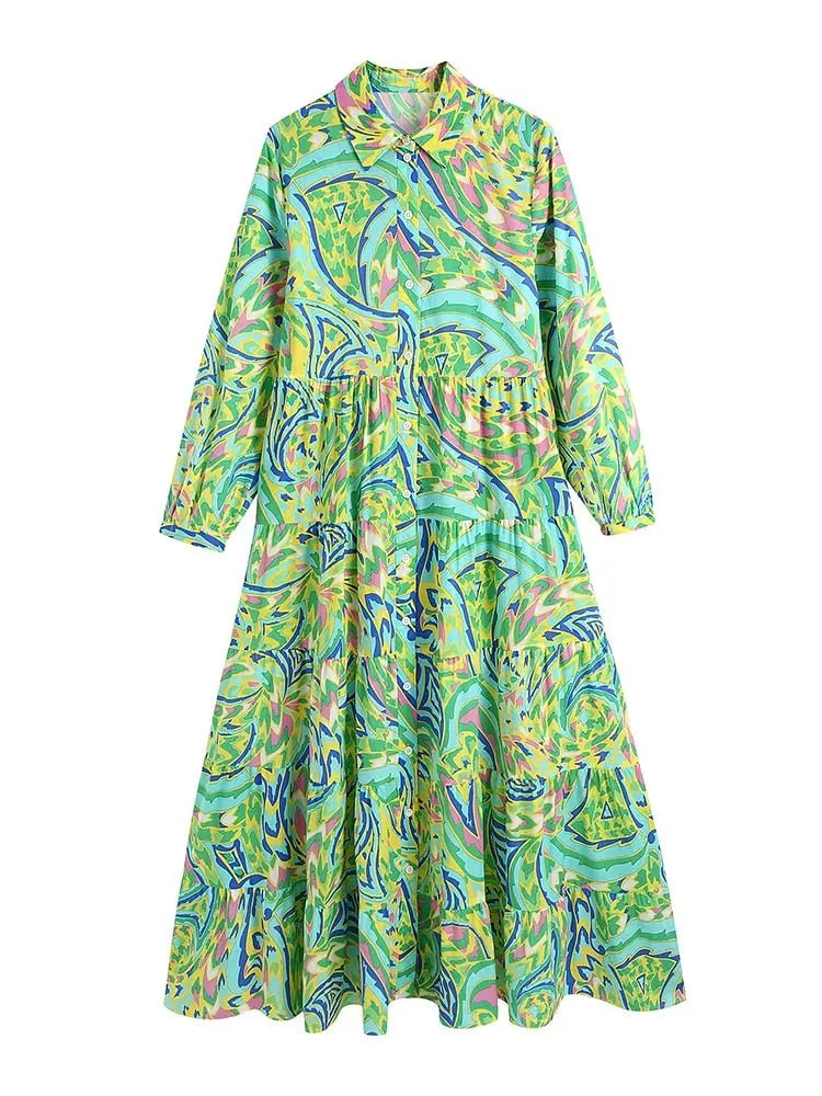 Foridol Paisley Print Shirt Dress Elegant Autumn Spring Green Dress Floral Print Boho Female Maxi Dress Long Sleeve Dress 2023