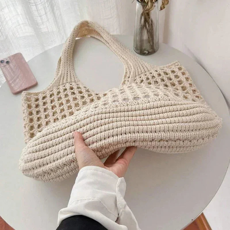 Women Crochet Tote Bag Hollow Beach Bag Large Capacity Fashion Knitted Bag Solid Color Simple Shopping Bag for Travel Vacation