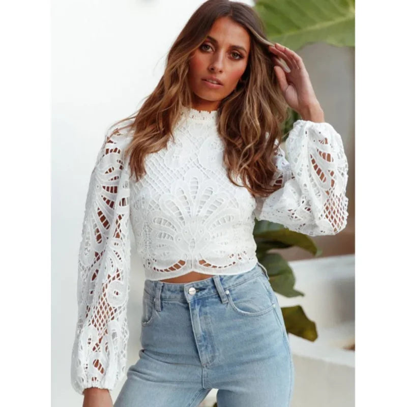 Sexy Long Sleeve White Lace Shirts Women Blouses Casual Crochet Hollow Out Elegant Tops Cropped Turtleneck Blusas 16296