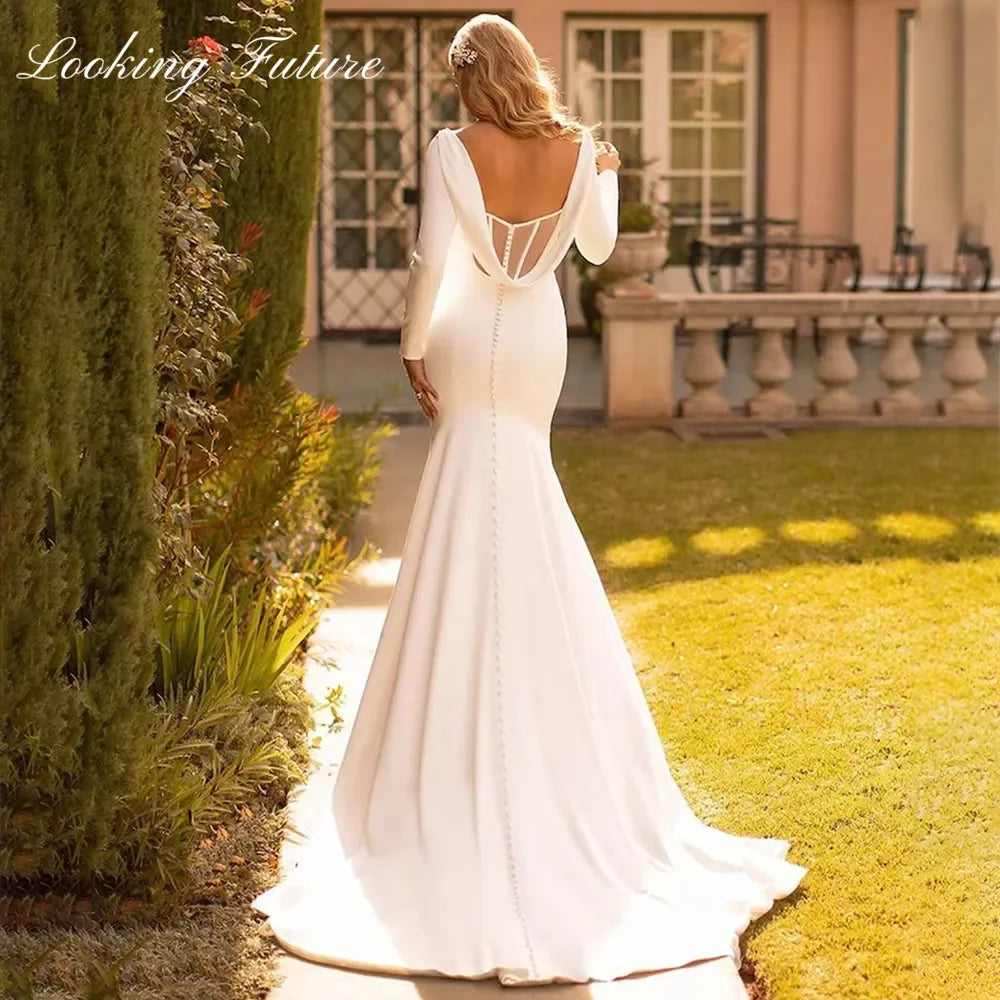 Elegant Mermaid Wedding Dresse Satin Cowl Back O-Neck Bridal Gown Simple White Long Sleeves Vestido de Novia 2023 Sweep Train LUXLIFE BRANDS