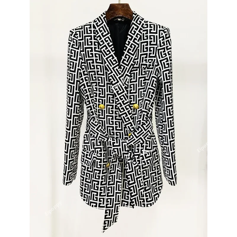 Print Pant Suits Women New Double Breasted Mid Length Business Wear Suit Coat Jacket Straight Leg Pants Outfits