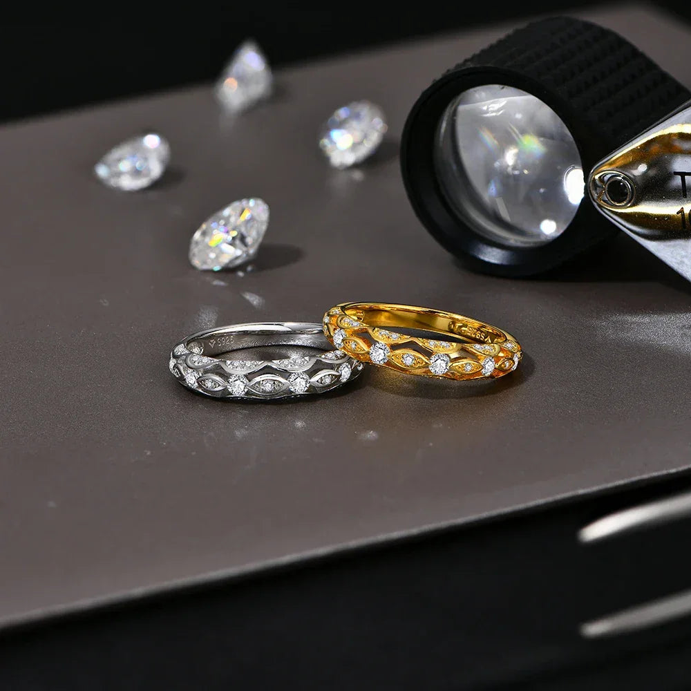 CHARMING Vintage Moissanite Diamond Ring for Women D VVS1 Color Hollow Band 925 Sterling Silver Stackable Wedding Jewelry Gifts