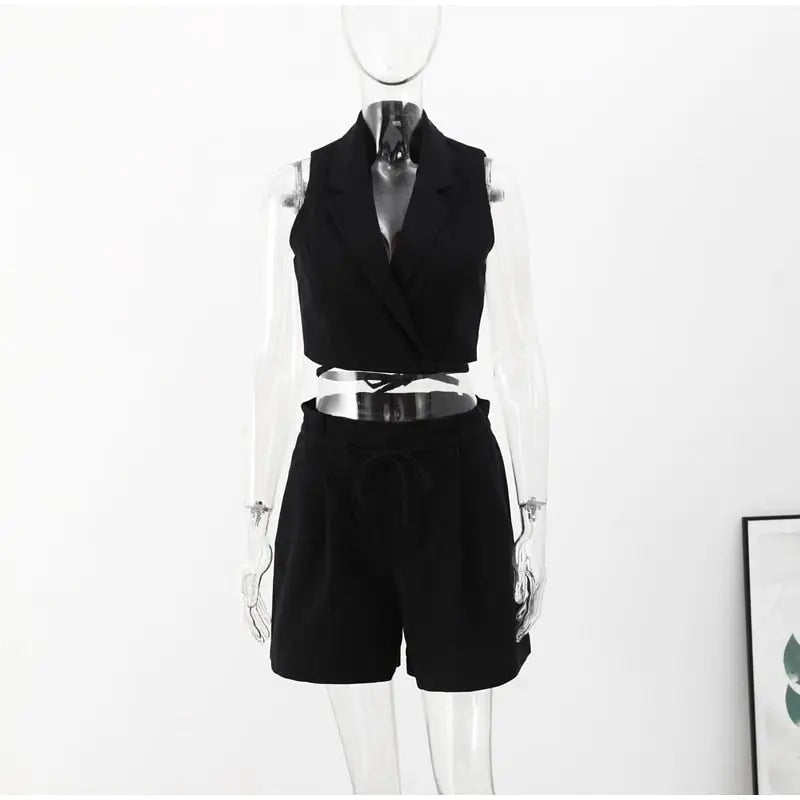 Summer Linen Vest Shorts Set Woman Notched Sleeveless Waistcoat Pleated Top Lady Sets Fashion Lace Up Casual Female Outfit New