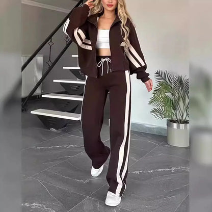 Y2K Striped Zipper Coat+sweatpants Two Piece Set Women Casual Batwing Sleeve Sports Jacket Outfits Autumn Winter Sweatshirt Suit