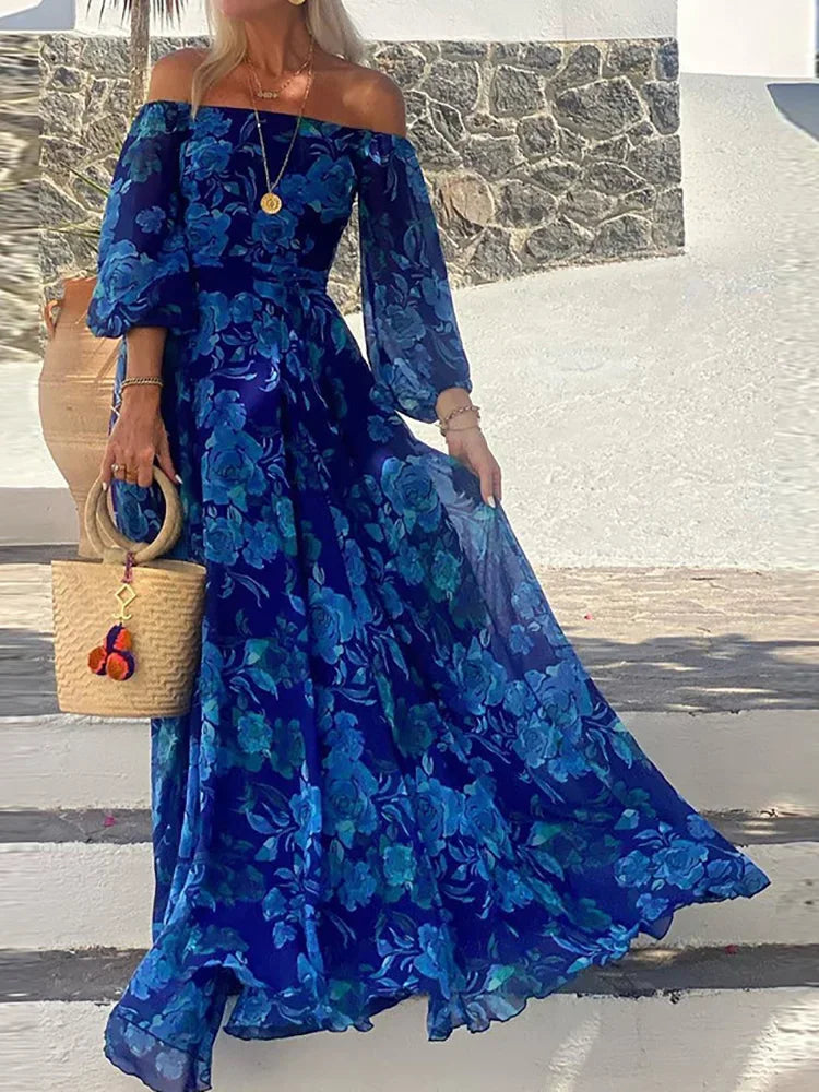 Print Patchwork Slash Neck Maxi Dress, Women Spring Summer Three Quarter Lantern Sleeve Party Dress, Simple Elegant Ladies Dress
