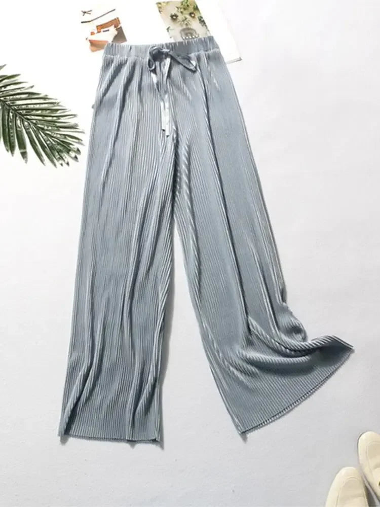 Summer Wide Leg Pants For Women Casual Elastic High Waist 2020 New Fashion Loose Long Pants Pleated Pant Trousers Femme