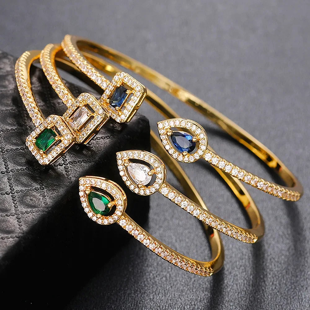 Huitan Luxury Green/White/Blue Cubic Zirconia Cuff Bracelet Bangle for Women Good Quality Female Hand Jewelry 2022 Drop Shipping LUXLIFE BRANDS