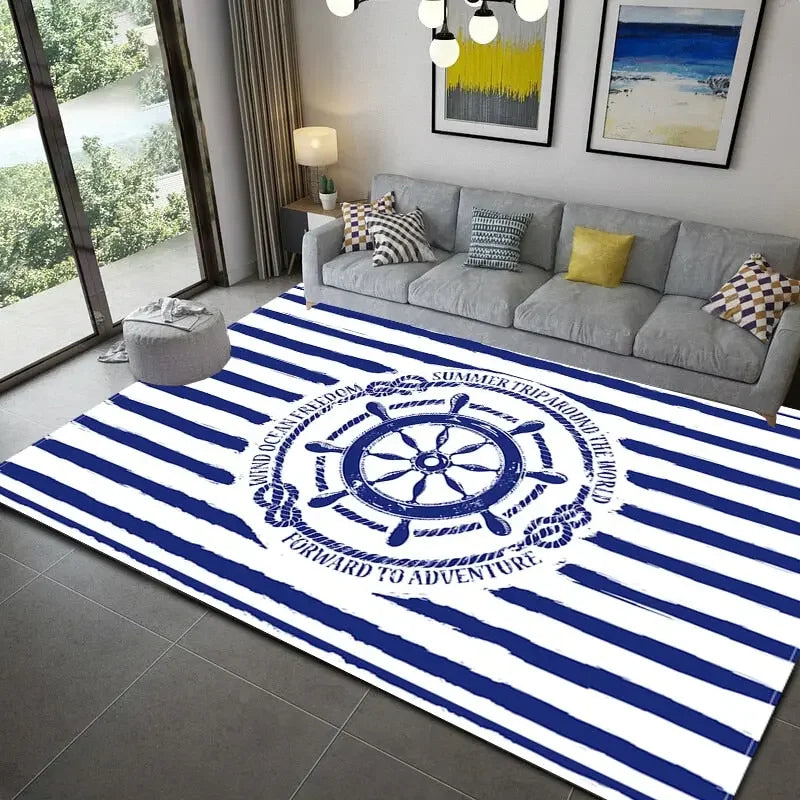 Dark Blue Stripe Ocean Lighthouse Area Rug Anchor Boat Decor Carpet Floor Mat Soft Carpet for Living Room Bathroom Kitchen