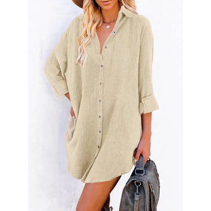 2024 Spring Autumn Women's Dress Casual Long Sleeved Buckle Super Headlight Core Velvet Shirt Dress Female Lapel Loose Dress