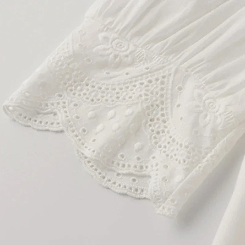 Summer Lace Embroidery Woman Blouse Fashion Hollow Out Stylish Elegant White Shirts Vintage Casual Half Sleeve Tops Blusas 13102