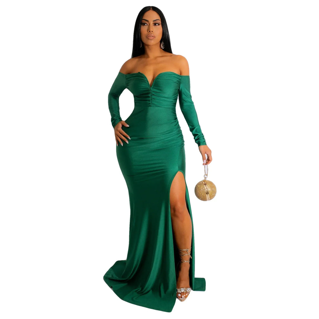 LUX V Neck Off Shoulder Bodycon Evening Gown
