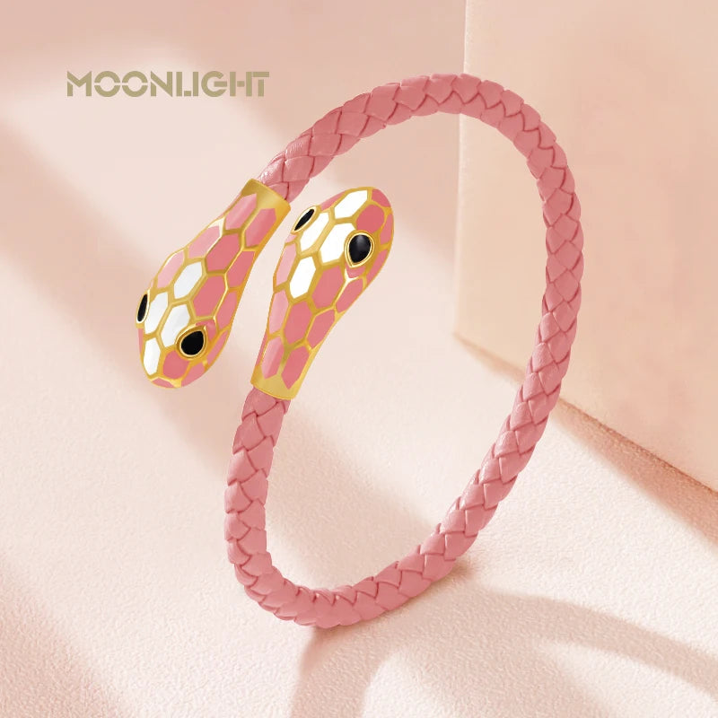 Double Snake Head Cuff Bangles Braided Leather