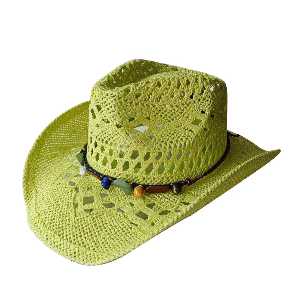 Melesh Western Women's Mint Green Cowboy Hat Straw Cowboy Hat Plasticity Strong Wide Brim Sunshine Beach Western Cowboy Hat