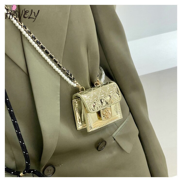 2023 Luxury Mini Leather Bag Women Hanging Neck Camellia Bags Rhombus Earphone/Lipstick/Keys bag Pearls Chain Chest Waist Pack