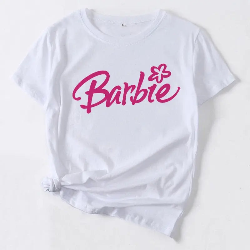 Kawaii Barbie Short Sleeve Summer Anime Cartoon Boys Girls Soft Round Neck T Shirts Oversized Fashion Y2K White Tees Tops Gifts