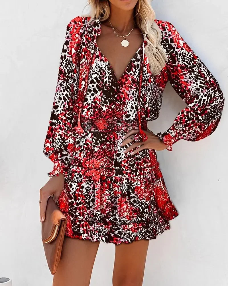 Women's Dresses 2023 Spring Fashion Floral Print Long Sleeve V Neck Casual Lantern Sleeve Ruffle Mini Waist Dress