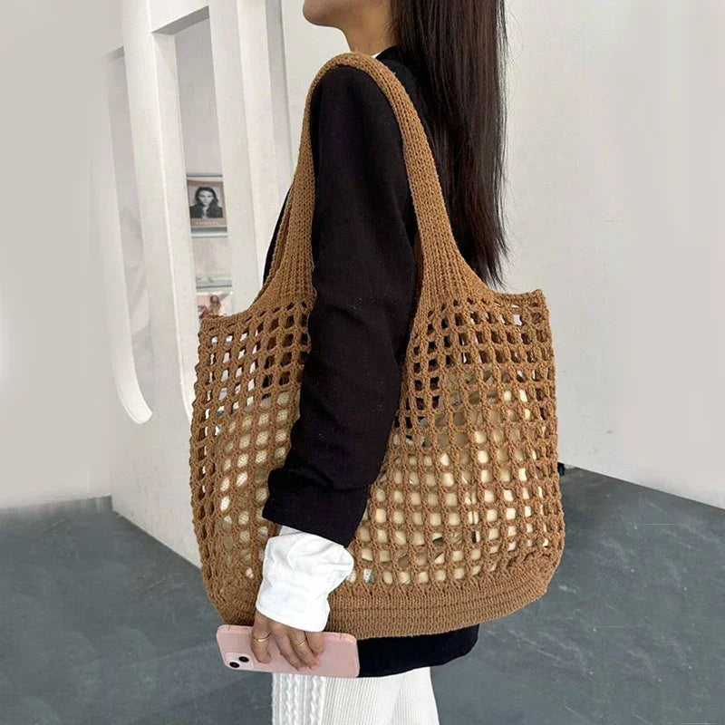 Women Crochet Tote Bag Hollow Beach Bag Large Capacity Fashion Knitted Bag Solid Color Simple Shopping Bag for Travel Vacation